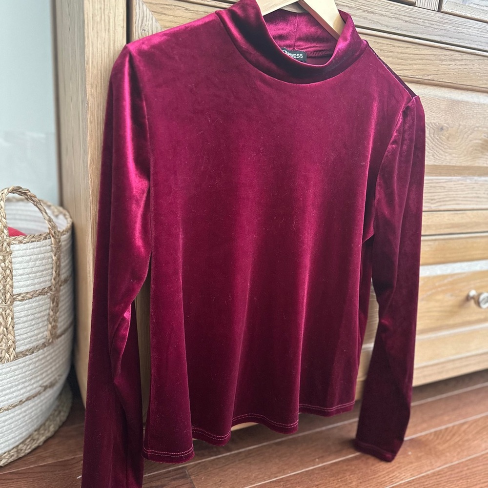 Express Velvet Long Sleeve Top in Deep Red
